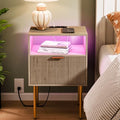 JOONEE Modern Nightstand with Charging Station and LED Lights, White Bedside Table with Drawer, Fluted Side Table for Living Room, Bedroom by JOONEE