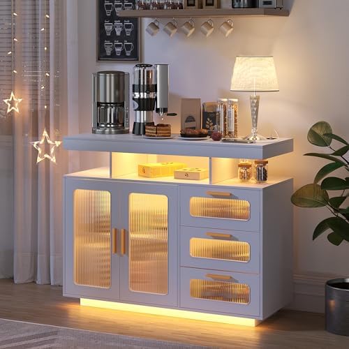 HWB Coffee Bar Cabinet with RGB Light & Charging Station, White by HWBEnjoywarmhome