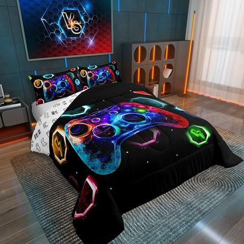 Feelyou Kids Gamer Comforter Full Size, Game Console Comforter Set Boys Girls Space Universe Gaming Bedding Set Gamepad Teens Duvet Set Bedroom Decor Microfiber Bed Set - Image 2