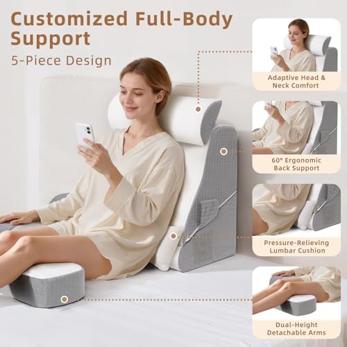 Foldable Reading Pillow for Sitting in Bed Adult, White/Grey, 19" - Image 4