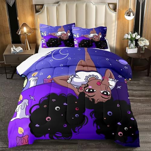 African American Comforter Sets, Black Girl Comforter Set Queen Cute Gilrs Bedding Set Purple Girls Bedroom Decor Comforter Sets with 1 Comforter +2 Pillowcase by Kodhyvj