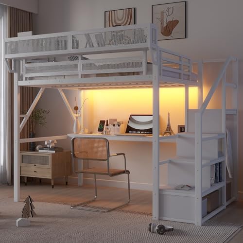 KEIKI Full Size Metal Loft Bed Frame with Desk, Staircase, Built-in Storage Shelves and Wardrobe, Modern Loft Bed with Solid Slats, Guardrail, No Box Spring Required, Easy Assembly, for Bedroom, White - Image 5