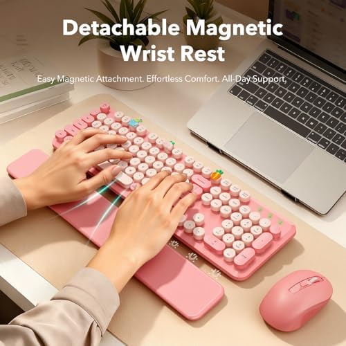 Wireless Keyboard and Mouse Combo, Cute Full-Size Retro Typewriter Keyboard with Round Keycaps, Magnetic Wrist Rest, Tilt Legs, 2.4GHz Cordless for Mac, Windows PC, Laptop, SABLUTE CK23, Baby Pink - Image 2