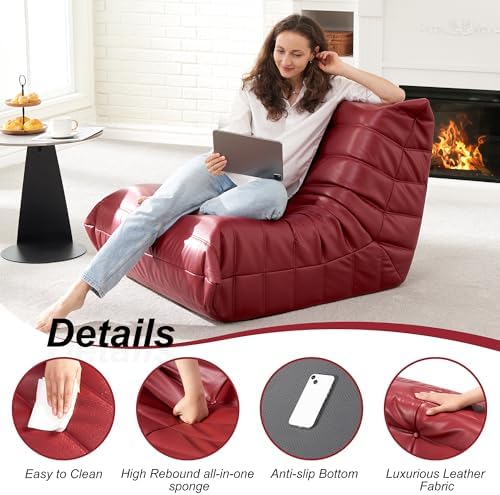 Hobestluk Bean Bag Chair Leather Togo Chair Memory Foam Living Room Adult | Ergonomic Design,Floor Chair,Waterproof Sofa,Easy Clean,Anti-slip ,No Assembly Required,Bedroom Dorm Office Reading Winered - Image 4