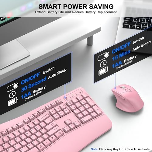Wireless Keyboard and Mouse Combo, 2.4G Full Size Wave Keys Ergonomic Keyboard with Wrist Rest and 3-Level DPI Adjustable Wireless Ergonomic Mouse for Windows, Mac OS Desktop/Laptop/PC(Pink) - Image 6