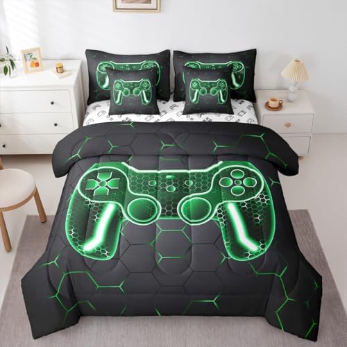 Feelyou Gamer Comforter Set with Sheets for Kids Boys Teens Game Controller Bed in a Bag Gaming Gifts 7 Piece Bedding Set Queen Size for All Season,Green Bed Set - Image 3