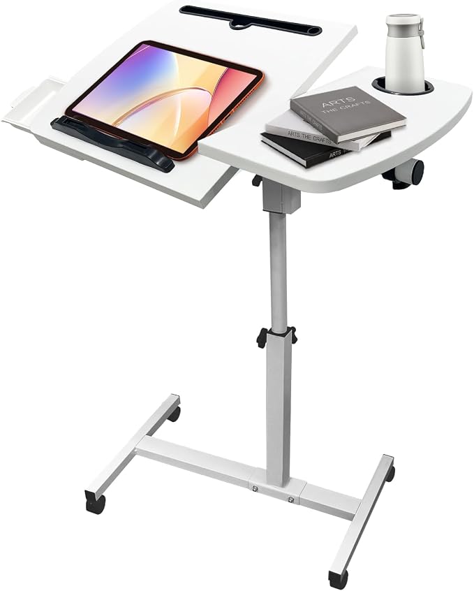 Overbed Table with Wheels Adjustable Height, Tiltable Desktop with Tray, Over Bed Table Rolling Bedside Tables, Medical Mobile Standing Desk, for Hospital Office Bedroom Sofa, White by YAQUHO