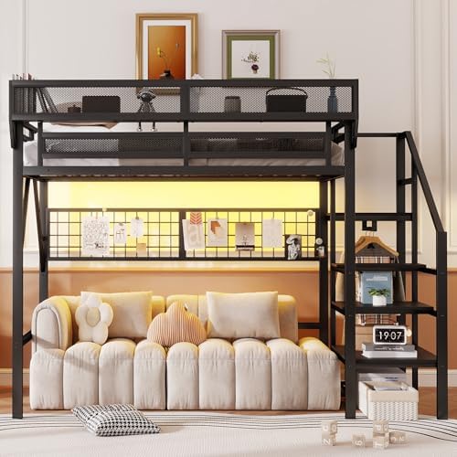 KEIKI Full Size Metal Loft Bed Frame with Grid & Staircase & Built-in Storage Shelves & Wardrobe, Modern Loft Bed with Solid Slat & Guardrail, No Box Spring Required, Easy Assembly, for Bedroom, Black - Image 3