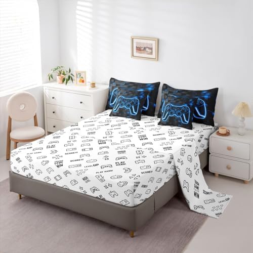 Feelyou Kids Gamer Queen Comforter Set with Sheets Gaming Bedding Set 7 piece for Boys Bedroom Decor Lighting Honeycomb Game Controller Bed in a Bag Blue and Black Geometric Bed Set - Image 4