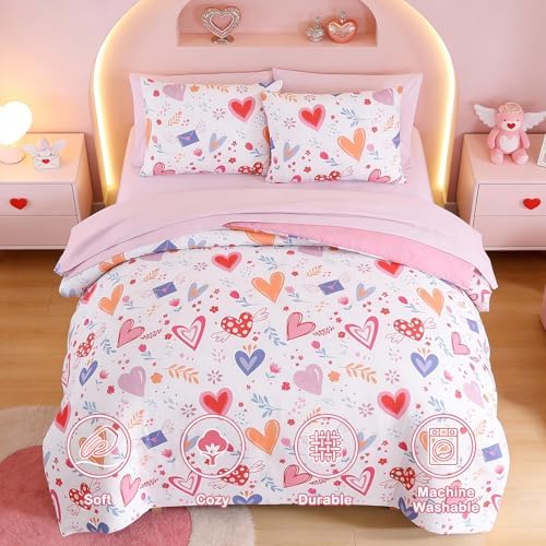 Girls Twin Bedding Set - 5 Pieces Heart Pattern Twin Comforter Set for Kids - Image 4