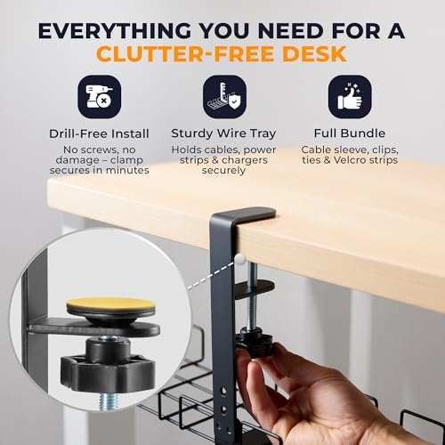 JANEX Under Desk Cable Management Tray Kit, No Drill Clamp-On Cable Organizer for Desk, Wire Cord Management Tray with Cable Sleeve, Cable Clips, Ties & Velcro Strips, Black - Image 3