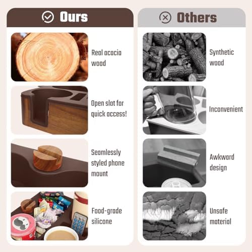 Couch Cup Holder Tray, Real Acacia Wooden Caddy with Soft Silicone, Snack and Drink Organizer- Perfect Movie Night Accessories for Bed, Remote and Cup Holders for Sofa (Coffee) - Image 5
