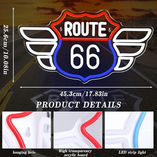 Route 66 Neon Sign Vintage Route 66 Garage Wall Decor Dimmable Us High Way Led 66 Road Sign for Man Cave Garage Neon Lights for Bedroom Party Gift - Image 2