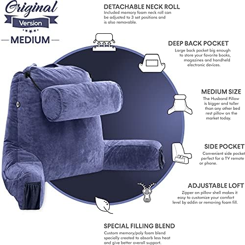 Husband Pillow Medium Reading Pillow with Arms - 23" Backrest for Sitting Up in Bed - Firm Support Bed Rest Pillow for Adults, Neck Roll, Removable Cover - TV, Reading, Lounging - Dark Blue - Image 5