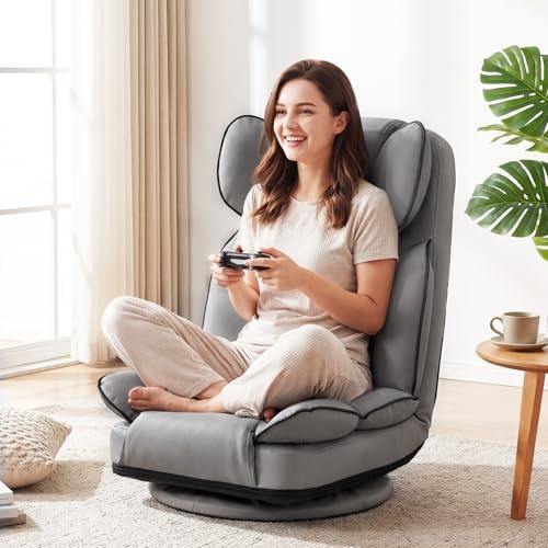 GIANTEX 360° Swivel Floor Gaming Chair, Folding Lazy Lounger Couch (Grey) - Image 2
