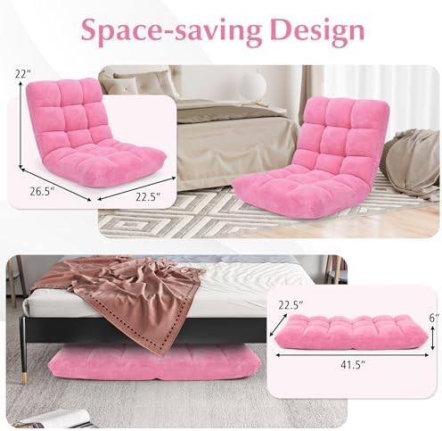 14-Position Lazy Sofa Chair with Soft Coral Fleece, Folding Gaming Chair, Couch Recliner, Floor Seat for Reading, Meditating, Yoga, Gaming (Pink) - Image 5