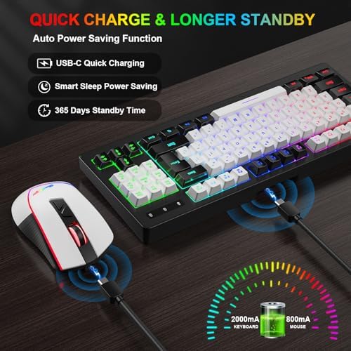BlueFinger Wireless Gaming Keyboard and Mouse Combo, RGB Rainbow Backlit Rechargeable Battery, 87 Keys TKL Light Up Keyboard with Ergonomic Gaming Mouse for Mac Laptop Computer PC Gamer(Black & White) - Image 3