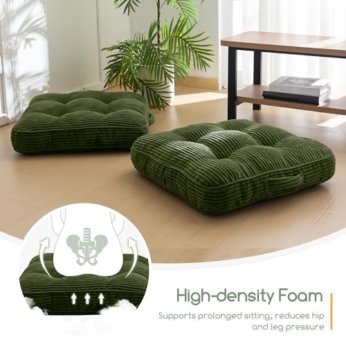 HIGOGOGO Floor Pillow Cushion for Adults, Meditation Cushion Pillow, Large Square Floor Sitting, Tufted Corduroy Cover, for Tatami Living Room or Yoga, Dark Green - Image 6