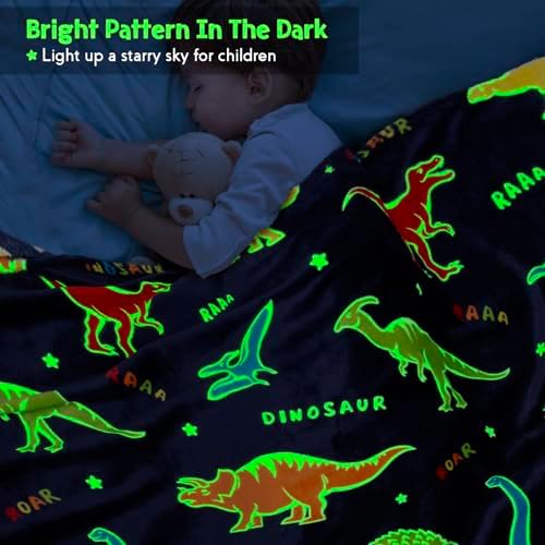 Jekeno Dinosaur Glow in The Dark Blanket Dino Gift Throw for Kids Boys Girls Birthday Christmas Halloween Easter Decor for Age 1-16 Years Old Teens Child Toddler Son Throw Navy Blue 60"x80" - Image 2