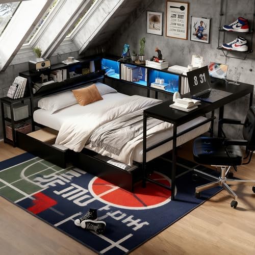 Bellemave Full Size Corner Bed Frame with Storage Drawers, Bookcase and Side Desk, Full Corner Bed with Light and Charging Station, Daybed for Bedroom, Living Room, Guest Room Black by Bellemave
