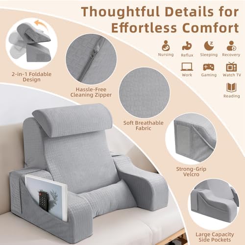 Foldable Reading Pillow for Sitting in Bed Adult, Grey, 19" - Image 6