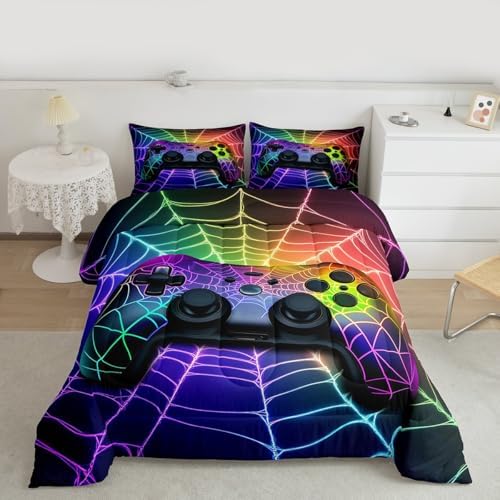 Gamer Bedding Set Rainbow Spider Web Kids Bedding Sets for Boys,Ball Game Consoles Boys Bedding Gothic Cobweb Sports Bedding Sets for Boy Queen,Gaming Decor for Boy Bedroom Decor Gamer Gifts - Image 5