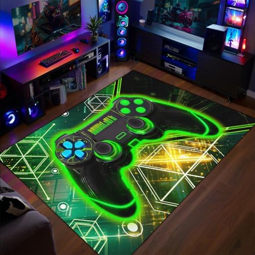 Gaming Rug for Boys Room - Gamer Rug, 5'X7' Cool Gaming Carpet for Teens Boys Bedroom Playroom Decor, Game Controller Carpet for Office Computer Chair Floor Mats, Green by WJLBKGU