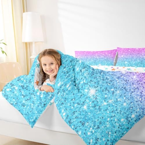 Colorful Glitter Bedding Twin Girly Turquoise Teal Blue Pink Pastel Girls Comforter Set 2 Pcs Trendy Quilt Duvet for Kid Women Down Comforter with Sparkle Sequin Pattern Bling Bedroom Decor Bed Cover - Image 4