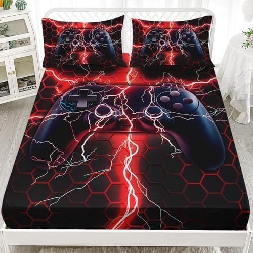 AILONEN Red Black Gaming Bed Sheet Set,Boys Queen Size Gamepad Video Game Bedding Set,Soft Lightweight 3 Pieces, 1 Fitted Sheet with 2 Pillowcases - Image 3