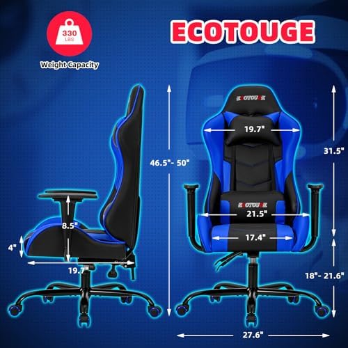 ECOTOUGE Ergonomic PC Gaming Massage Recliner Chair | Racing PU Leather, Swivel Rocker, Headrest, Lumbar Pillow, Desk Chair, Adjustable Height, Sturdy Base, Black & Blue - Image 3
