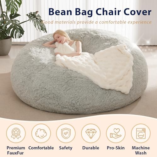 Large Bean Bag Chair Cover, Plush Bean Bags Chairs Cover Only Without Filler Included, Beanbag Chairs for Adults, Teens, Kids, 7FT, Light Grey - Image 5