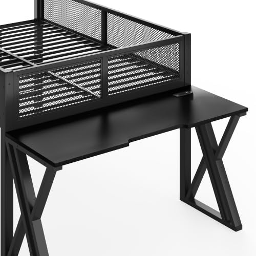 Bellemave Full Size Gaming Loft Bed with Desk, USB Ports & LED Lights, Metal Loft Bed Frame with Mesh Guardrails, Space-Saving for Dorms, Bedrooms, & Gaming Setups (Black/Full) - Image 6
