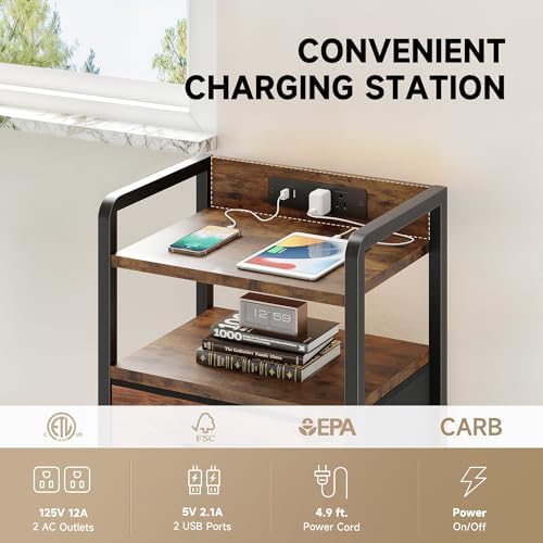 Lazzanto Nightstand with Rear Charging Station, LED Light, 3 Drawers, Brown - Image 5