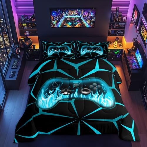 Feelyou Kids Game Console Comforter Set,3D Geometric Gaming Bedding Set Toddler Size for Teens Boys,Blue and Black Gamer Comforter,Video Game Gaming Bed Set All Season for Game Lovers by Feelyou