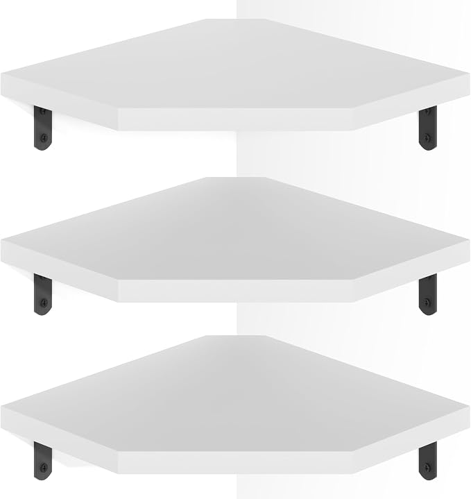 Alsonerbay Pine Wood Corner Shelves with Cable Cutout 3-Pack, White by Alsonerbay