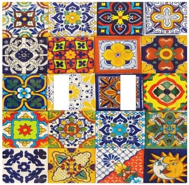 Decorative Light Switch Cover Plate Vintage Traditional Colorful Mexican Talavera Tiles Style 2 Gang Switch Plate Covers Double Toggle Wall Plate Dual Device Electrical Dimmer Switchplate by JOOJIAO
