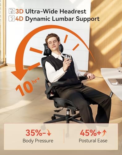 SIHOO B100 PRO Ergonomic Mesh Office Chair with Footrest | Desk Chair With Adaptive Lumbar Support, Wide Headrest, 360° Rotatable Flip-Up Armrests, Black - Image 4