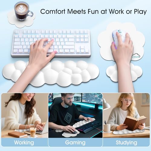 Cloud Wrist Rest Keyboard Cushion and Cloud Mouse Pad, White | 4-in-1 Ergonomic Cloud Keyboard Wrist Rest Set, Memory Foam, Arm Support for Palm, Cute Desk Accessory for PC Gaming Setup - Image 6