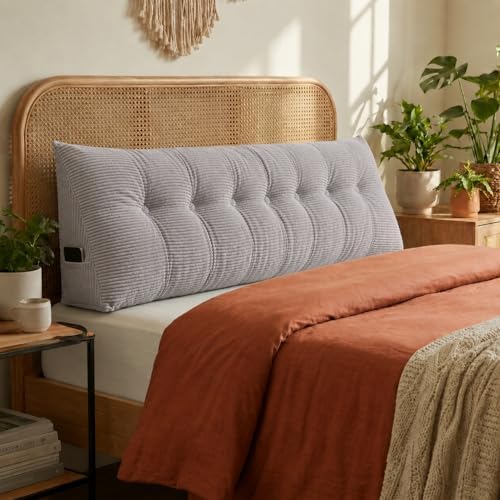 Wedge Reading Pillow Headboard King Size, Headboard Bolster Pillow for Bed, Triangular Backrest Cushion with Removable Corduroy Cover, LightGrey by DVUAY