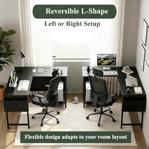 L Shaped Desk, 50 Inch Reversible Computer Desk Corner Gaming Table with CPU Stand & Storage Bag, Sturdy Metal Frame PC Workstation for Home Office, Black Wood - Image 7