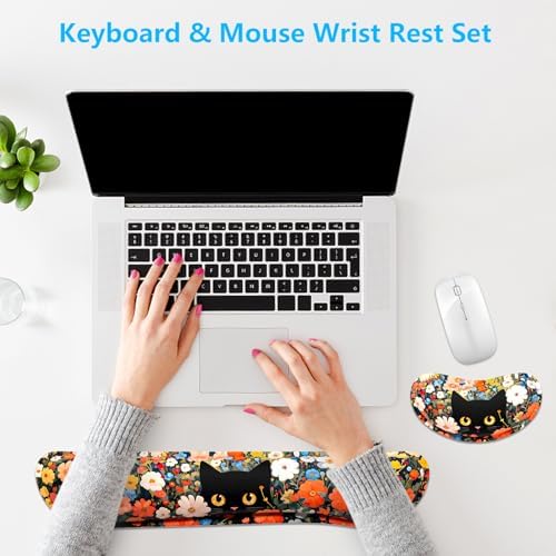 Dapesuom Enlarge Keyboard Wrist Rest, Memory Foam Wrist Cushion for Desk Mats Support, Typing Pain Relief Keyboard Mouse Pad Rests Set with Non-Slip Base for Gaming Laptop Computer, Cat Flower Bush - Image 7