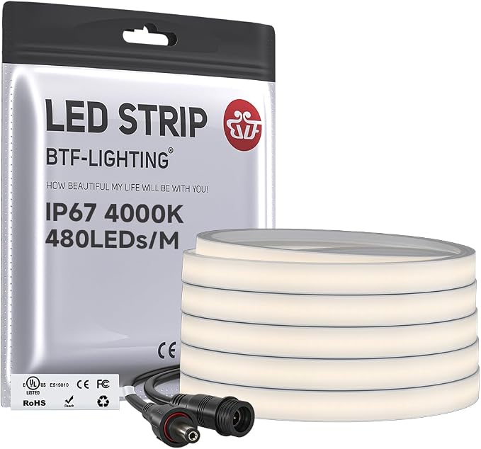 BTF-LIGHTING UL Listed IP67 Waterproof COB LED Strip Natural White 4000K by BTF-LIGHTING