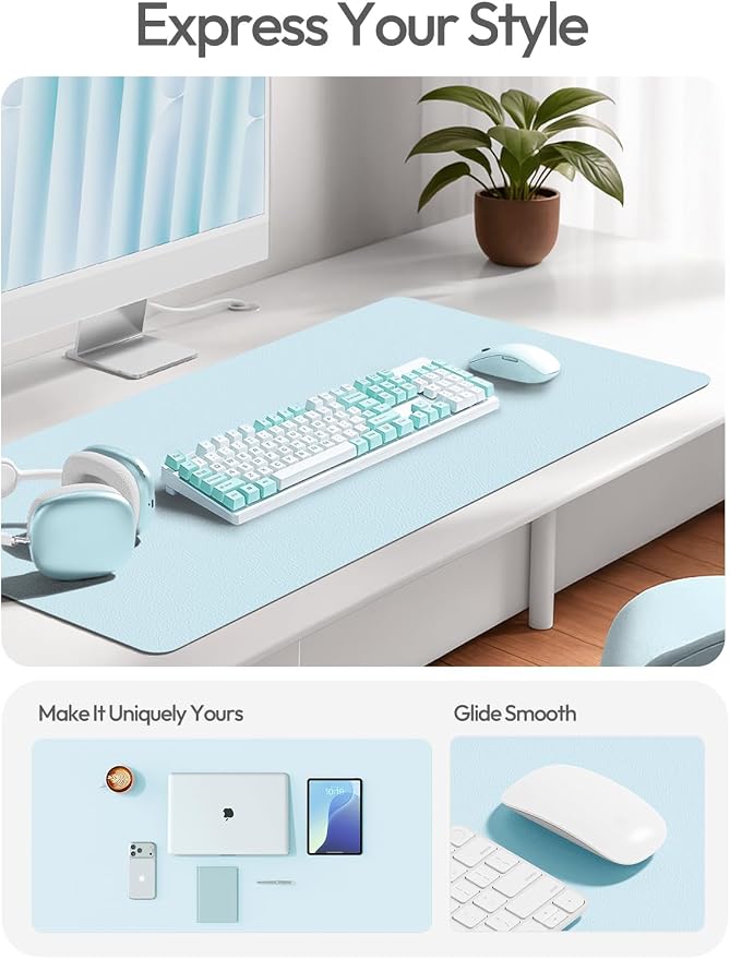 YSAGi Leather Desk Protector, Office Mat, Large Mouse Mat, Non-Slip PU Leather Blotter, Laptop Pad, Waterproof Writing Pad for Office and Home (Baby Blue, 23.6" x 13.8") - Image 2