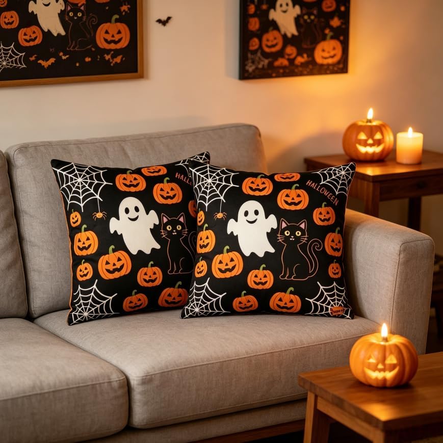 Halloween Throw Pillow Covers, Ghost Pumpkin Spider Web Black Cat Design, Linen, 18x18 Inch, Set of 2 - Image 5