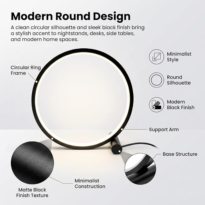 LED Touch Bedside Lamp, 3 Color Temperatures, Stepless Dimming, Black - Image 4