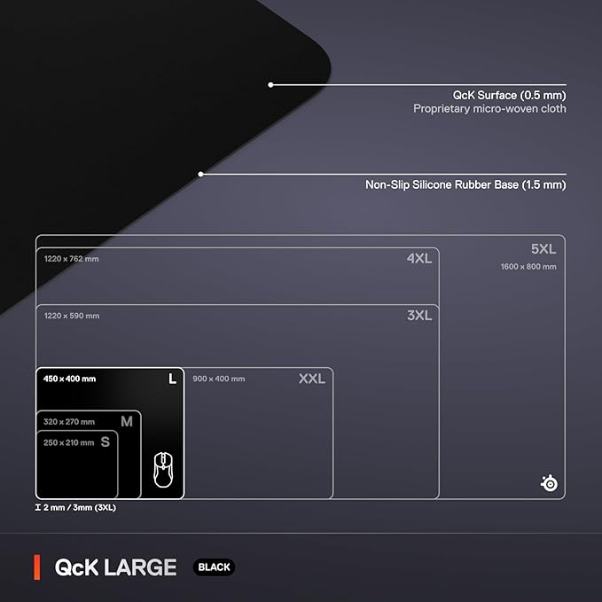 SteelSeries QcK Large Gaming Mousepad — Black — Non-Slip Silicone Rubber Base — Peak Tracking and Stability — Optimized for Gaming Sensors — 490 mm x 420 mm — FPS, MOBAs, RTS, MMO - Image 5