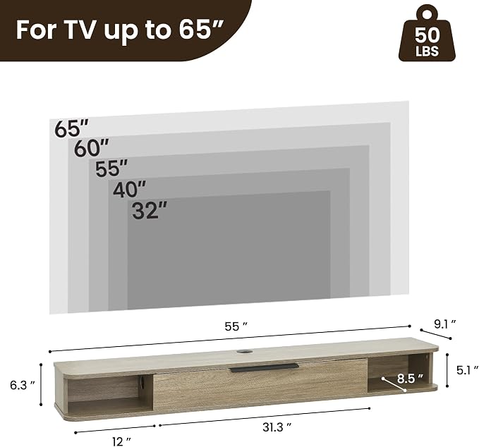 Floating TV Stand, 55" Wall Mounted TV Cabinet, Wood Media Console for TVs up to 65", Entertainment Center with Storage for Living Room, Under TVs Shelf for DVD Player, Wood Grain Grey - Image 2