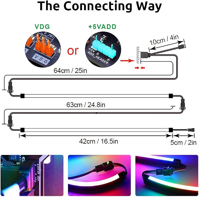 NEON Addressable RGB PC LED Strip, 2x15.7inch WS2812 RGB Rainbow Magnetic ARGB Strip for 5V 3-pin Aura SYNC, Gigabyte RGB Fusion,Mystic Light Sync, with 12pcs Strong Magnetic Brackets - Image 6