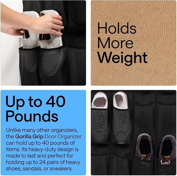 GORILLA GRIP Over the Door Shoe Organizer, 24 Extra Large Pockets, Black - Image 3