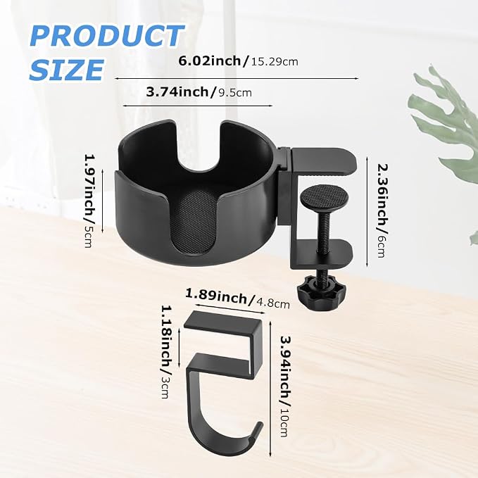 Desk Cup Holder Clamp & Hook, Anti-Spill Cup Holder, Headphone Hook, Adjustable Height, Black Aluminum - Image 2